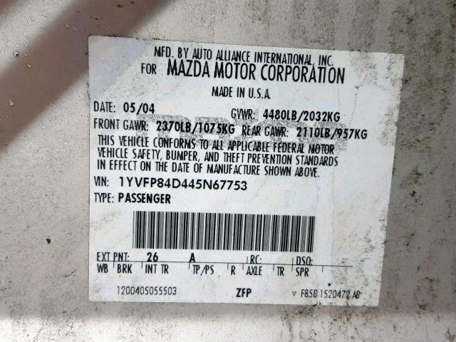 1YVFP84D445N67753 - 2004 MAZDA 6 S SILVER photo 10