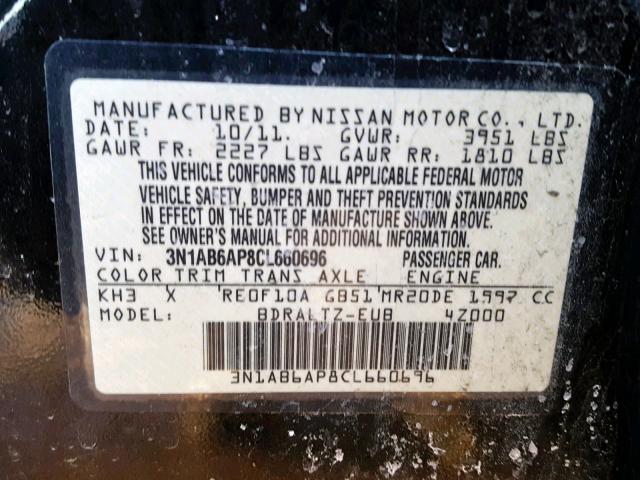 3N1AB6AP8CL660696 - 2012 NISSAN SENTRA 2.0 BLACK photo 10