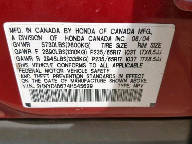 2HNYD18674H545629 - 2004 ACURA MDX TOURIN BURGUNDY photo 10