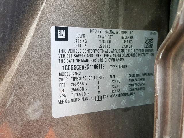 1GCGSCEA2G1106112 - 2016 CHEVROLET COLORADO L BROWN photo 10