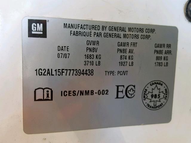 1G2AL15F777394438 - 2007 PONTIAC G5 WHITE photo 10