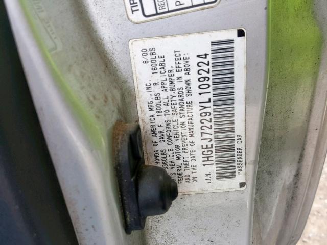 1HGEJ7229YL109224 - 2000 HONDA CIVIC HX SILVER photo 10