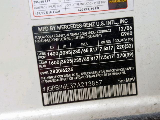 4JGBB86E37A213867 - 2007 MERCEDES-BENZ ML 350 WHITE photo 10