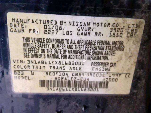 3N1AB61EX8L683001 - 2008 NISSAN SENTRA 2.0 BLUE photo 10