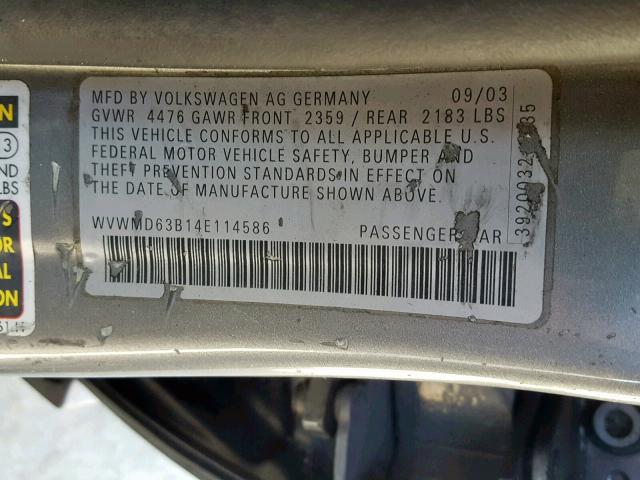 WVWMD63B14E114586 - 2004 VOLKSWAGEN PASSAT GL GRAY photo 10