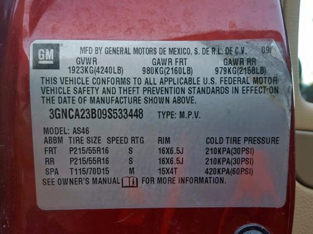 3GNCA23B09S533448 - 2009 CHEVROLET HHR LT MAROON photo 10