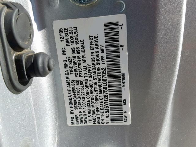 5J6YH28756L007052 - 2006 HONDA ELEMENT EX SILVER photo 10