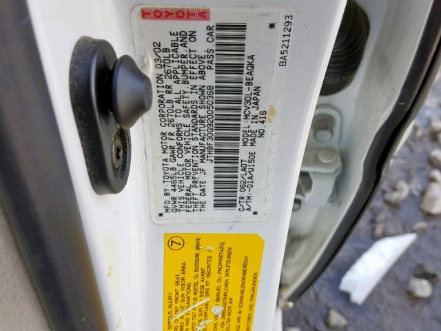 JTHBF30G920050368 - 2002 LEXUS ES 300 WHITE photo 10