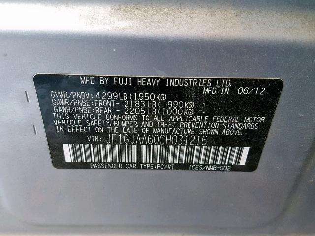 JF1GJAA60CH031216 - 2012 SUBARU IMPREZA BA SILVER photo 10