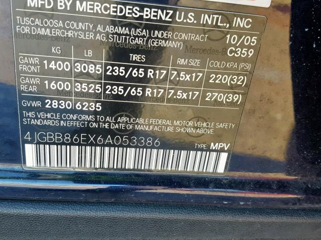 4JGBB86EX6A053386 - 2006 MERCEDES-BENZ ML 350 BLUE photo 10