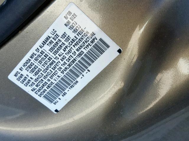 5FNRL38238B115503 - 2008 HONDA ODYSSEY LX GOLD photo 10