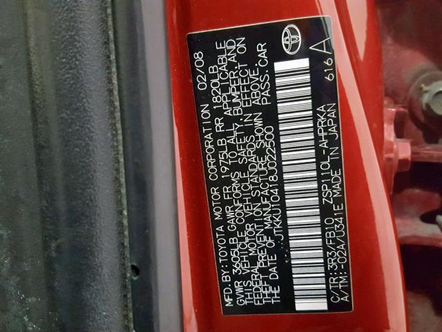 JTKKU10418J022500 - 2008 TOYOTA SCION RED photo 10