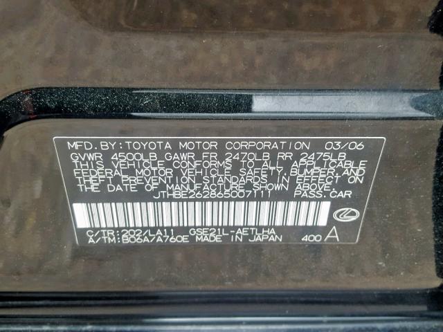 JTHBE262865007111 - 2006 LEXUS IS 350 BLACK photo 10