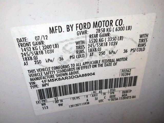 1FM5K8AR3DGA88904 - 2013 FORD EXPLORER P WHITE photo 10