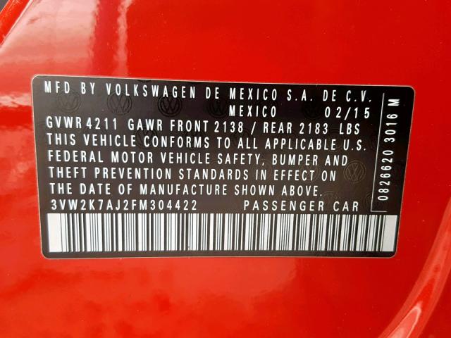 3VW2K7AJ2FM304422 - 2015 VOLKSWAGEN JETTA BASE RED photo 10