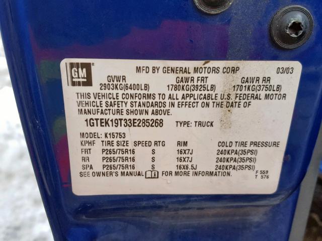 1GTEK19T33E285268 - 2003 GMC NEW SIERRA BLUE photo 10