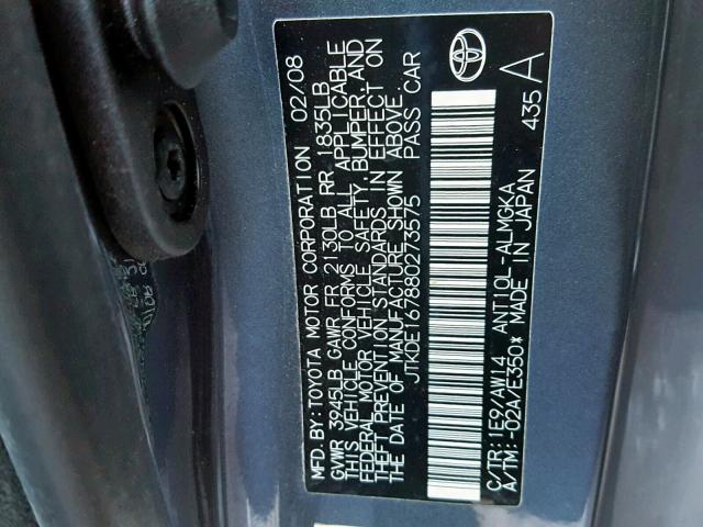 JTKDE167880273575 - 2008 TOYOTA SCION TC ნაცრისფერი ფოტო 10