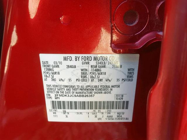 2FMDK3JC9ABB26357 - 2010 FORD EDGE SEL RED photo 10