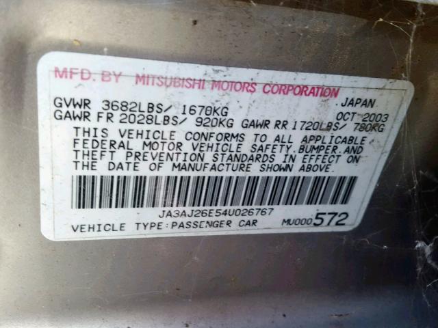 JA3AJ26E54U026767 - 2004 MITSUBISHI LANCER ES SILVER photo 10