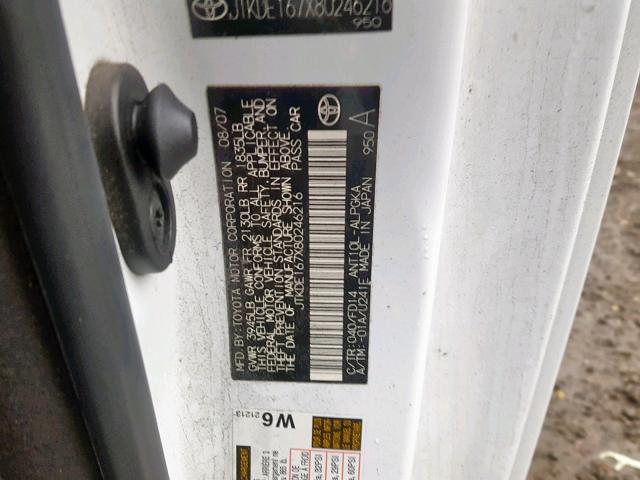 JTKDE167X80246216 - 2008 TOYOTA SCION TC თეთრი ფოტო 10