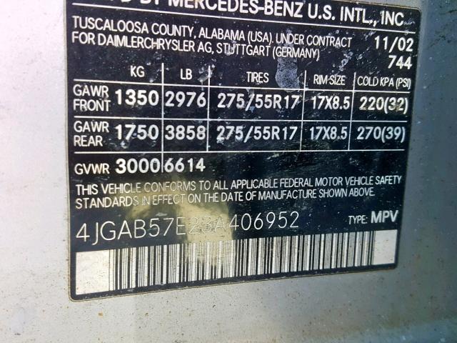 4JGAB57E23A406952 - 2003 MERCEDES-BENZ ML 350 SILVER photo 10