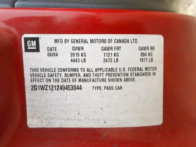 2G1WZ121249453844 - 2004 CHEVROLET MONTE CARL RED photo 10