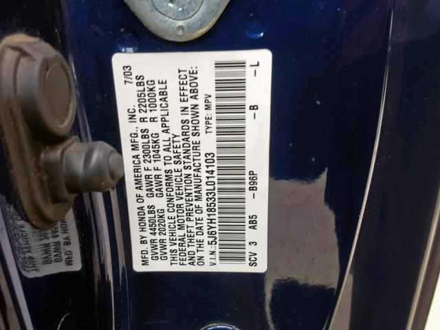 5J6YH18533L014103 - 2003 HONDA ELEMENT EX BLUE photo 10