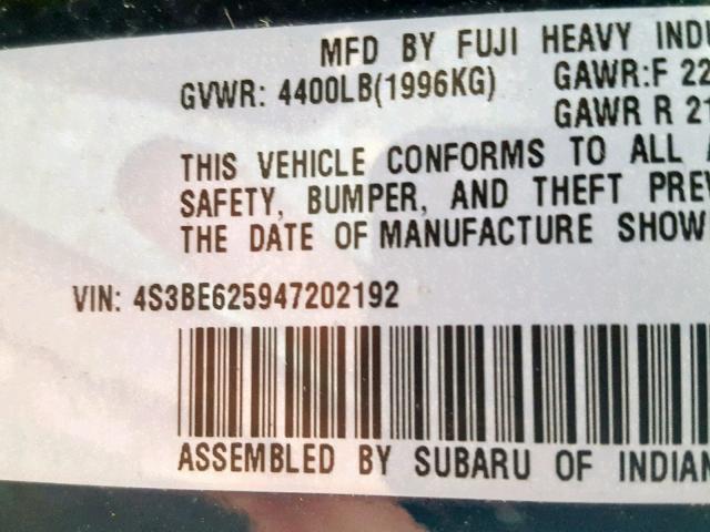 4S3BE625947202192 - 2004 SUBARU LEGACY L S BLUE photo 10