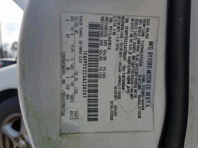 1FAFP55223A238241 - 2003 FORD TAURUS SES WHITE photo 10