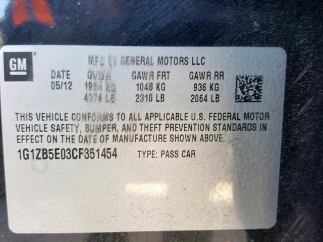 1G1ZB5E03CF351454 - 2012 CHEVROLET MALIBU LS BLACK photo 10