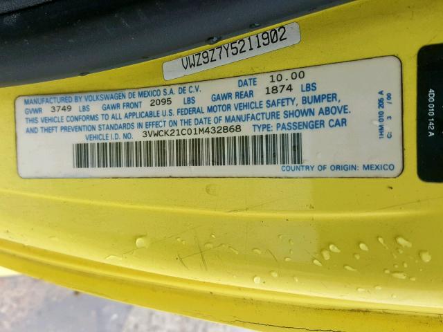 3VWCK21C01M432868 - 2001 VOLKSWAGEN NEW BEETLE Сары фото 10