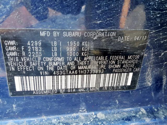 4S3GTAA61H3733893 - 2017 SUBARU IMPREZA BLUE photo 10