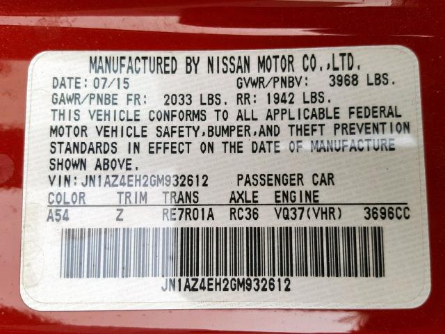 JN1AZ4EH2GM932612 - 2016 NISSAN 370Z BASE RED photo 10