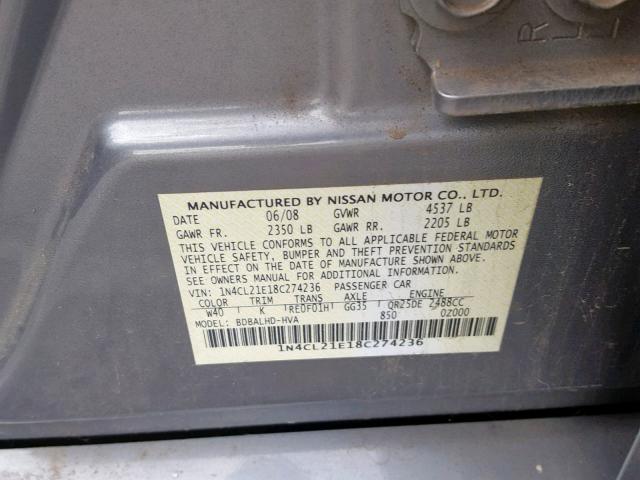 1N4CL21E18C274236 - 2008 NISSAN ALTIMA HYB GRAY photo 10