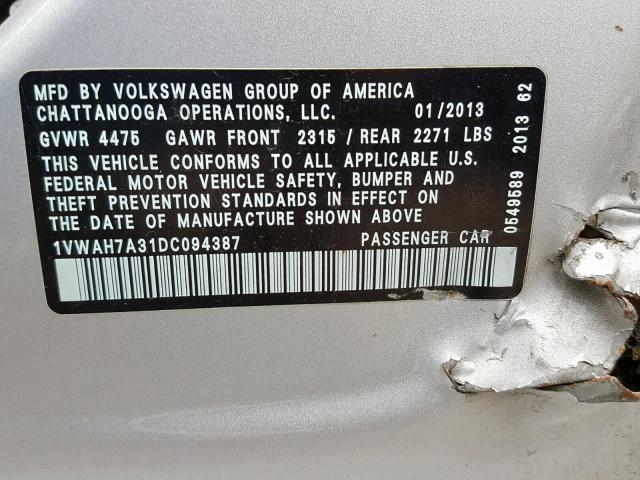 1VWAH7A31DC094387 - 2013 VOLKSWAGEN PASSAT S SILVER photo 10