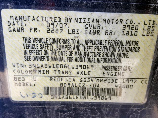 3N1AB61E08L639069 - 2008 NISSAN SENTRA 2.0 BLUE photo 10