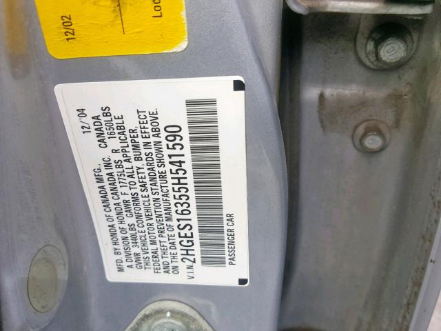 2HGES16355H541590 - 2005 HONDA CIVIC DX V SILVER photo 10