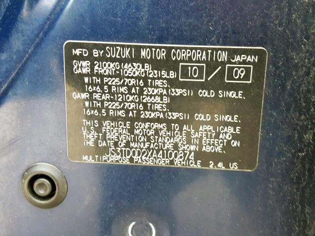 JS3TD0D2XA4100874 - 2010 SUZUKI GRAND VITA BLUE photo 10