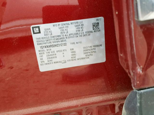 1GYKNARS8HZ312122 - 2017 CADILLAC XT5 RED photo 10