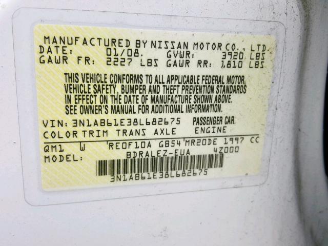 3N1AB61E38L682675 - 2008 NISSAN SENTRA 2.0 WHITE photo 10