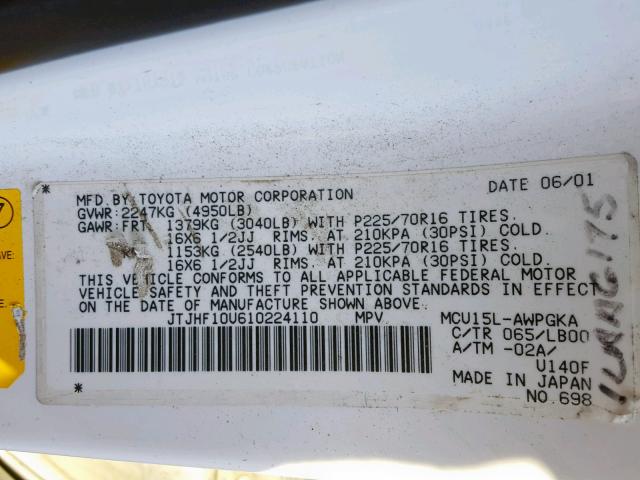 JTJHF10U610224110 - 2001 LEXUS RX WHITE photo 10