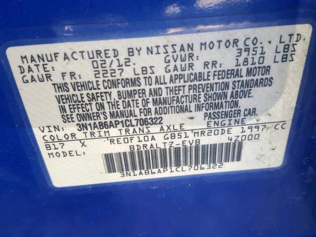 3N1AB6AP1CL706322 - 2012 NISSAN SENTRA 2.0 BLUE photo 10