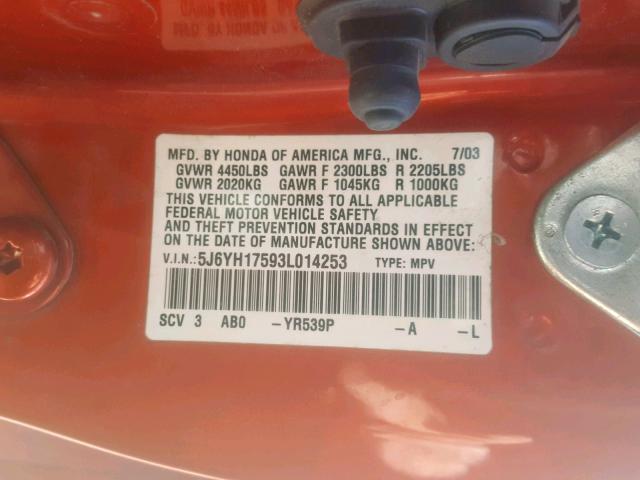 5J6YH17593L014253 - 2003 HONDA ELEMENT EX ORANGE photo 10