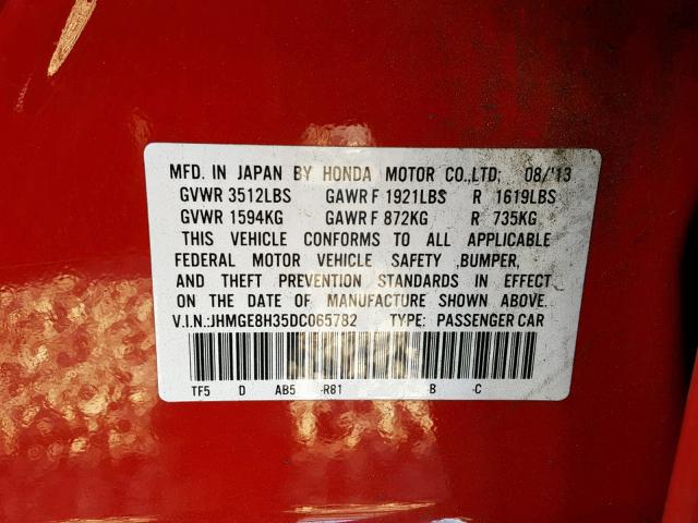 JHMGE8H35DC065782 - 2013 HONDA FIT RED photo 10