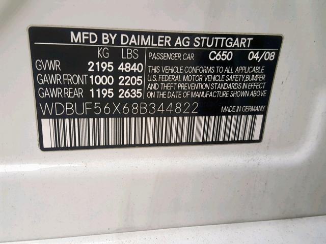 WDBUF56X68B344822 - 2008 MERCEDES-BENZ E 350 WHITE photo 10