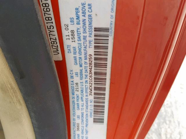 3VWCK21C63M428259 - 2003 VOLKSWAGEN NEW BEETLE ნარინჯისფერი ფოტო 10