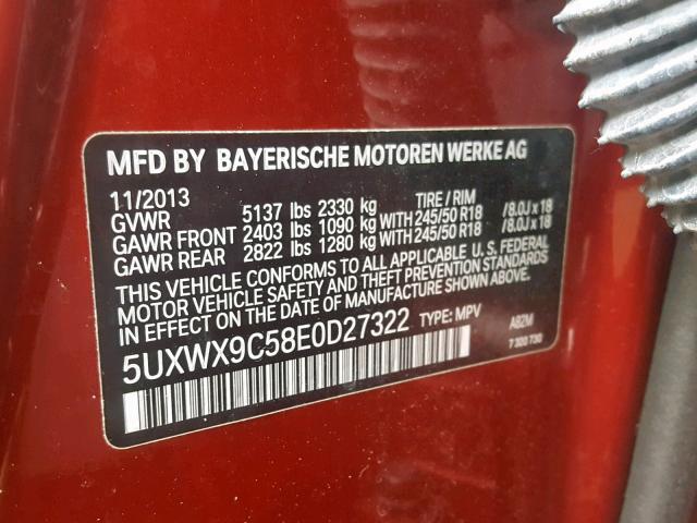 5UXWX9C58E0D27322 - 2014 BMW X3 XDRIVE2 RED photo 10