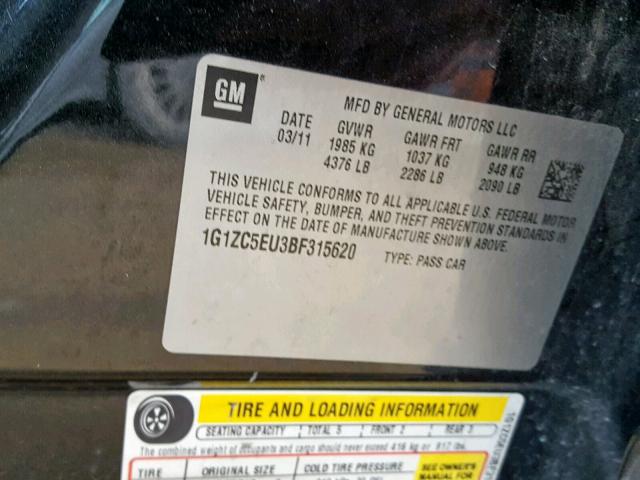 1G1ZC5EU3BF315620 - 2011 CHEVROLET MALIBU 1LT 黑色 照片 10