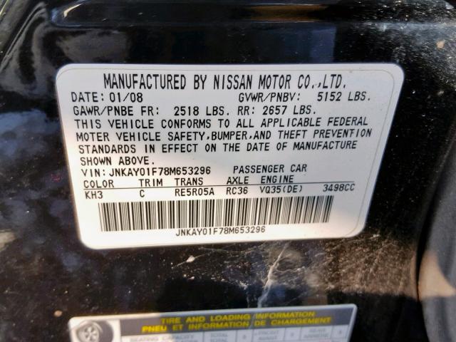 JNKAY01F78M653296 - 2008 INFINITI M35 BASE BLACK photo 10