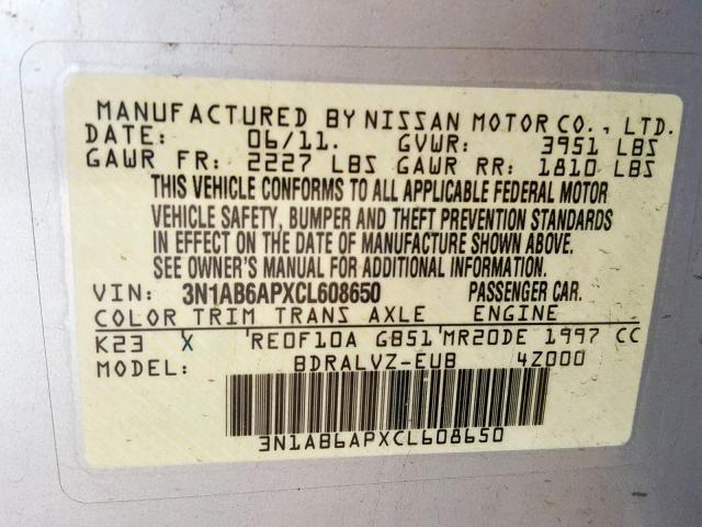 3N1AB6APXCL608650 - 2012 NISSAN SENTRA 2.0 GRAY photo 10